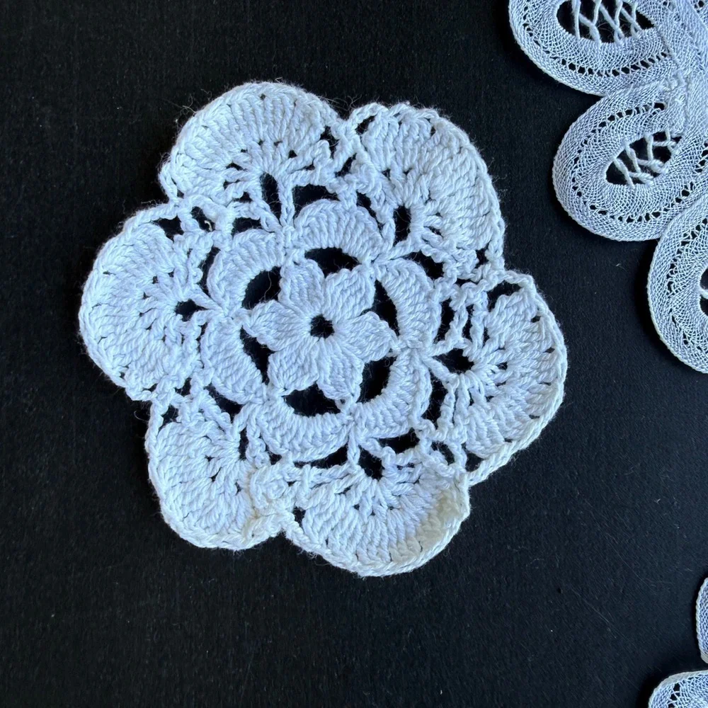 Vintage White Lace Doily Set Floral Crochet Battenburg Lace Coasters 6pc